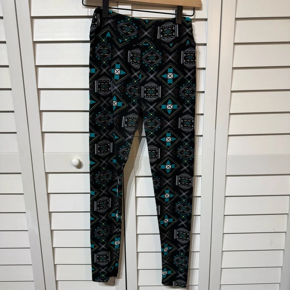 Lularoe Leggings OS‎ Black Gray Teal White Aztec Tribal Southwest VTG 2016 Rare